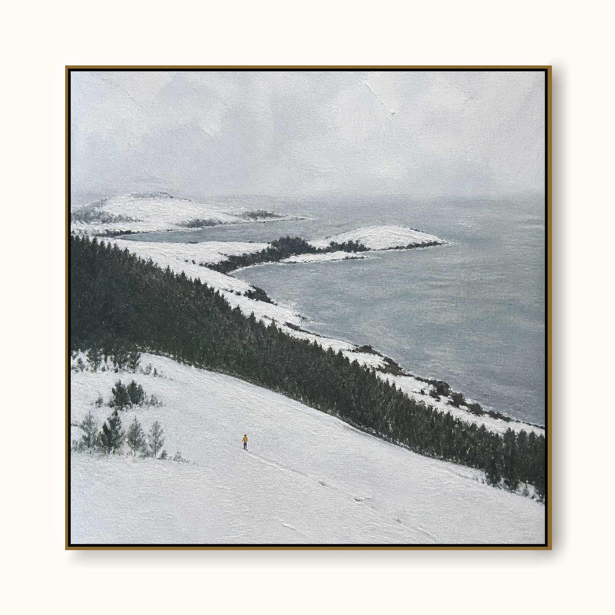 Large Snowy Seaside Landscape Wall Art With Dark Forest For Bedroom Decor