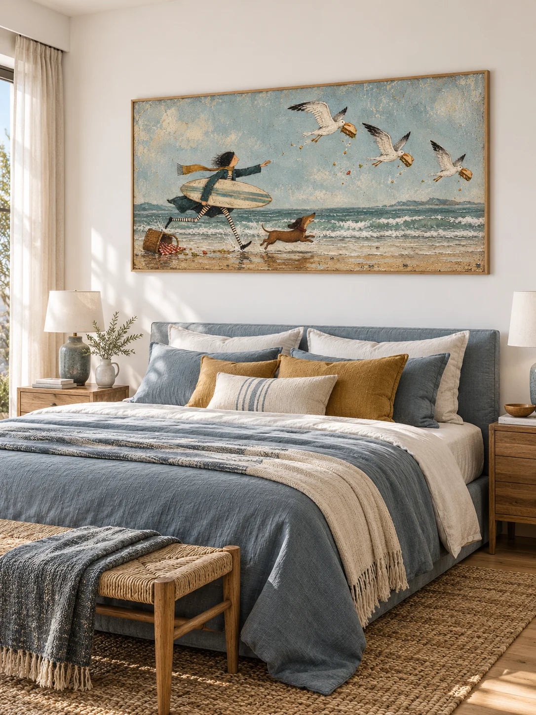 Whimsical Girl And Dachshund Beach Painting With Seagulls Hand-Painted Canvas Art