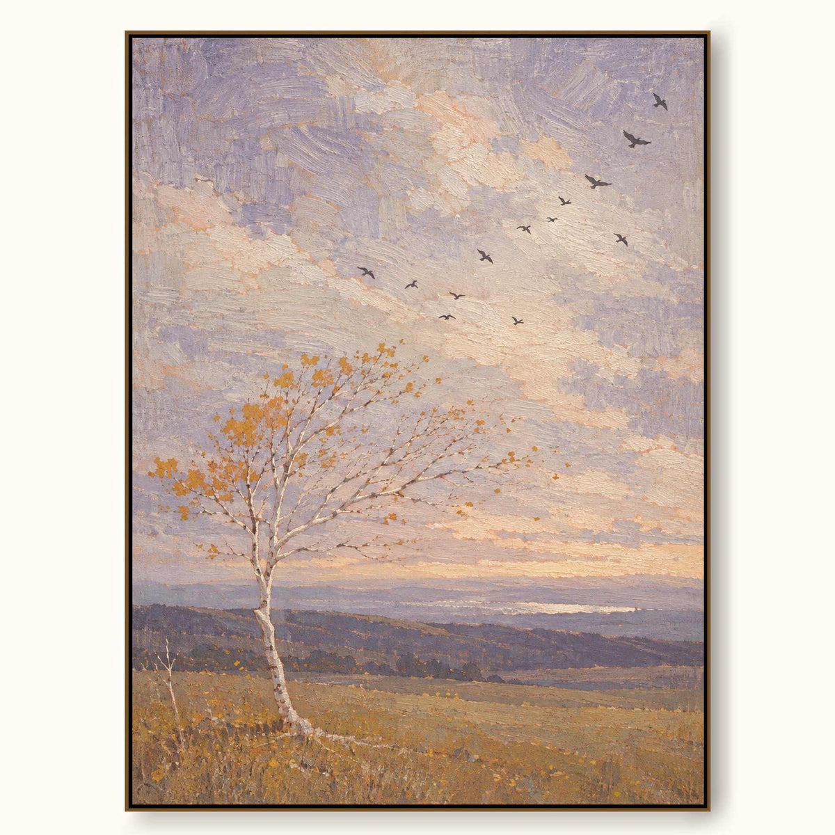 Large Hand Painted Autumn Birch And Birds Landscape Wall Art