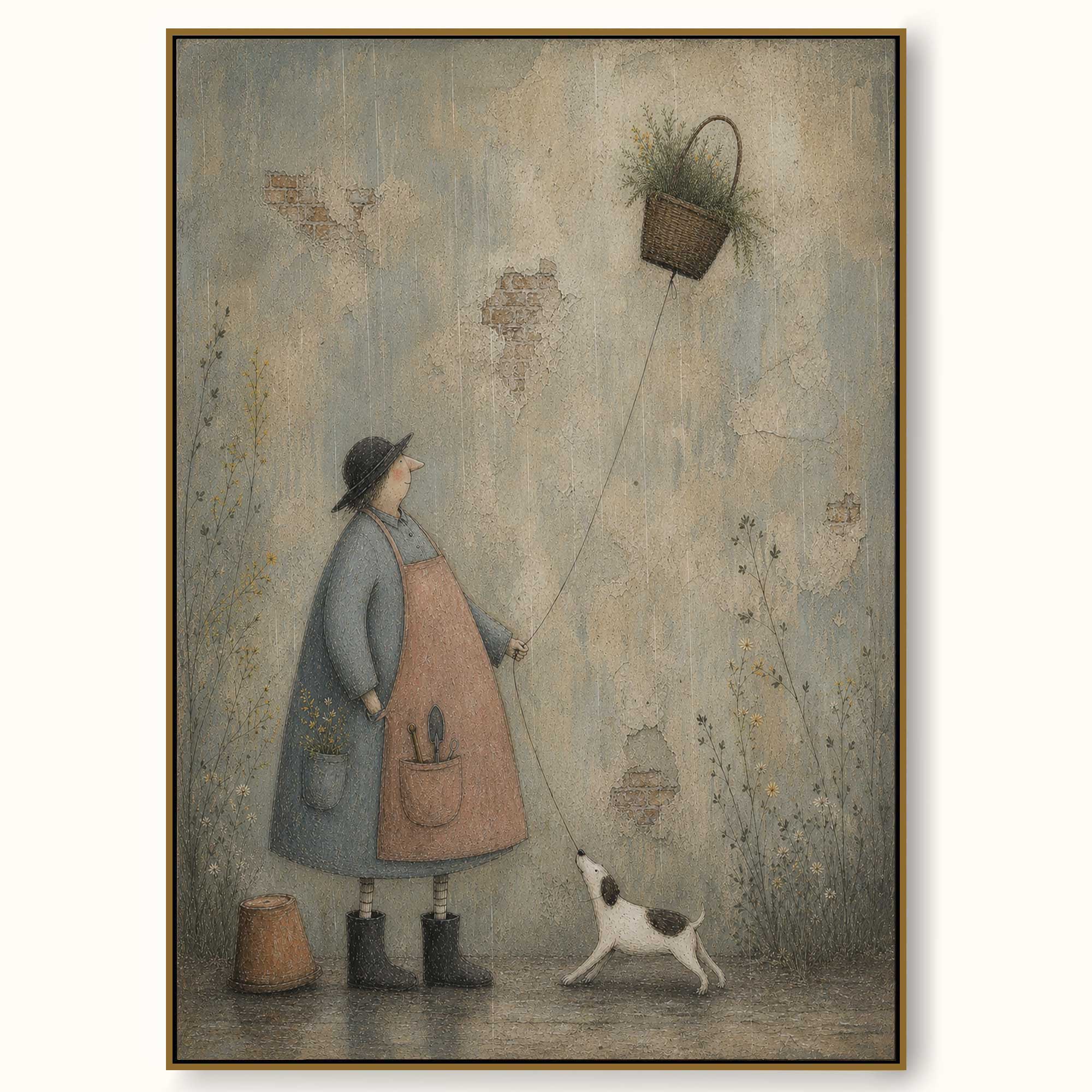 Whimsical Gardener Dog Canvas Wall Art Rainy Basket Flowers Vintage Oil Painting