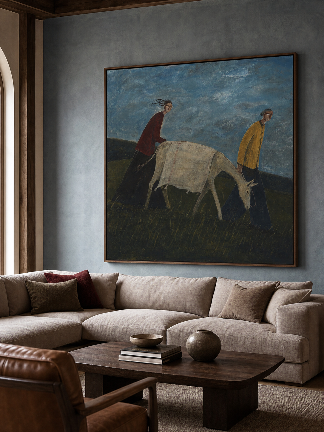 Vintage Folk Painting With People And Animal In Countryside Scene For Rustic Home Decor