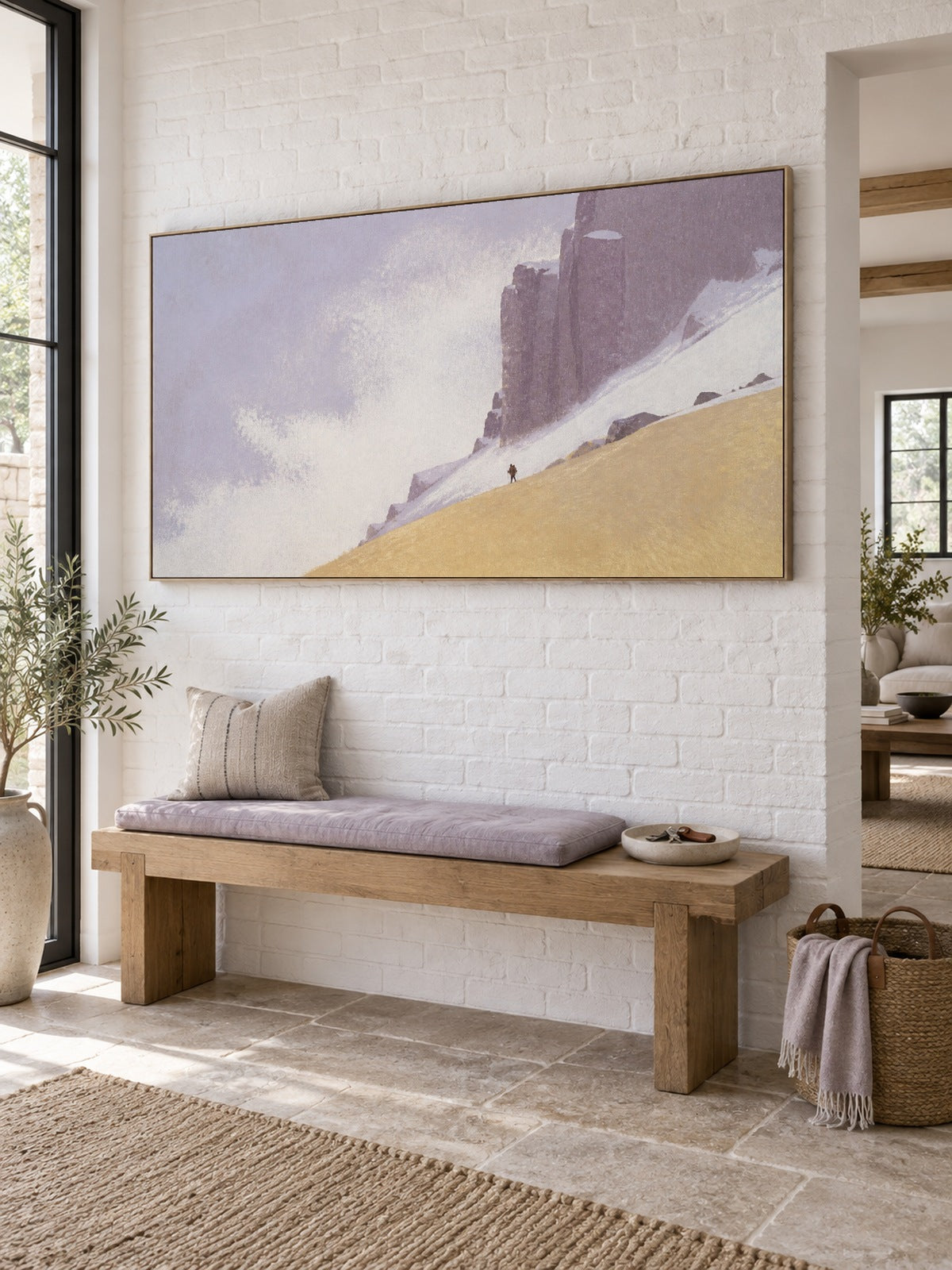 Large Hand Painted Minimalist Snowy Cliffs With Tiny Hikers Wall Art