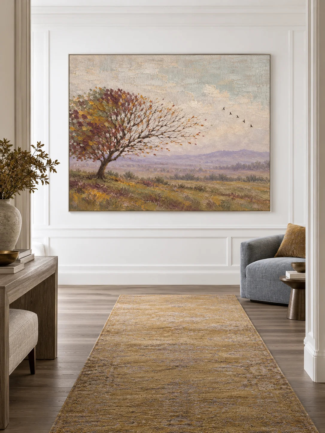 Minimalist Rural Landscape Wall Art Hand Painted Autumn Tree And Mountain Painting