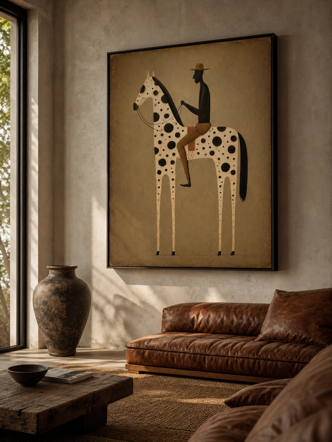 Vintage Modern Horse And Rider Painting For Living Room Decor With Earthy Tones