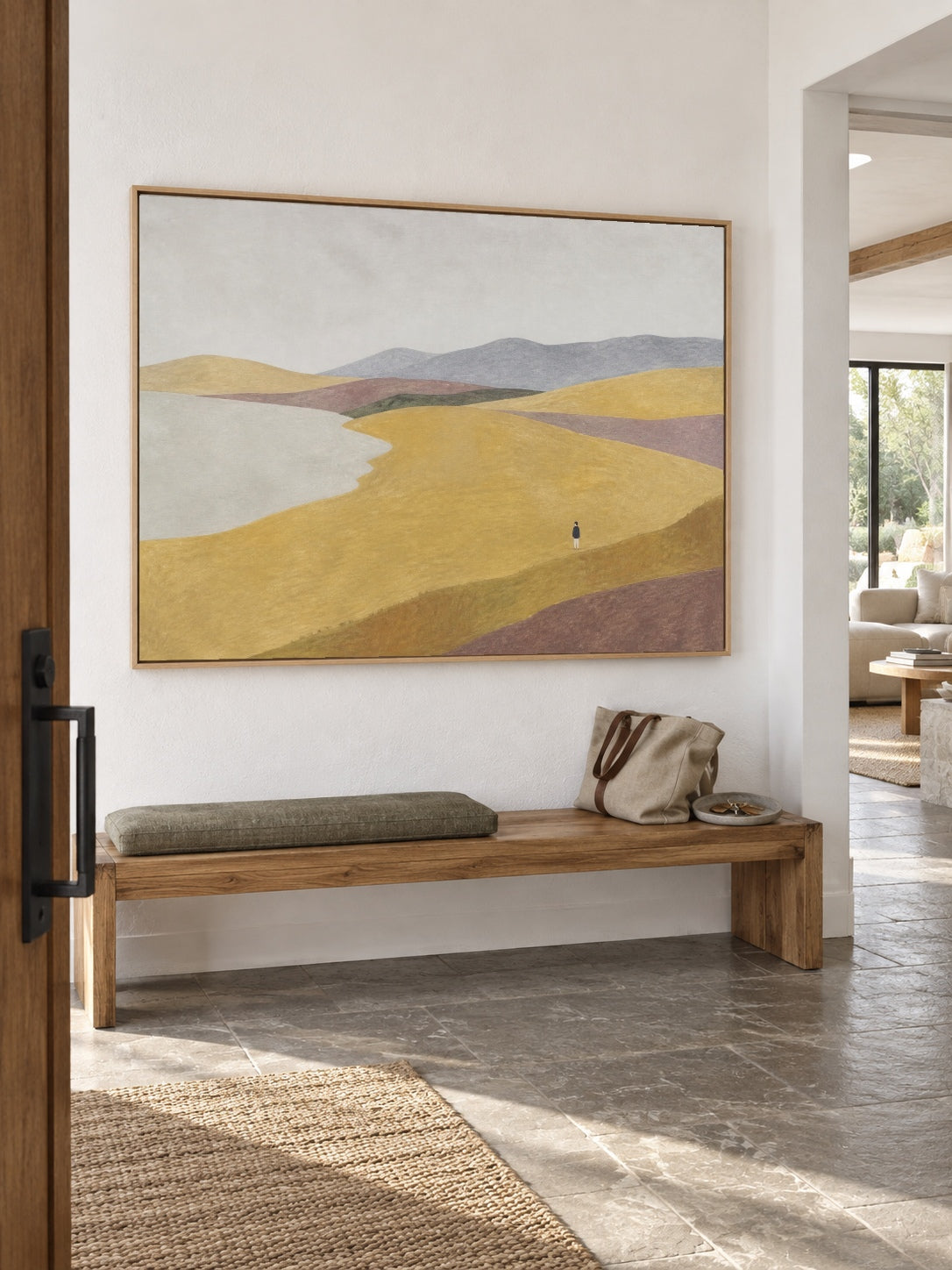 Neutral Golden Hill Canvas Art With Lone Figure For Contemporary Bedroom Decor