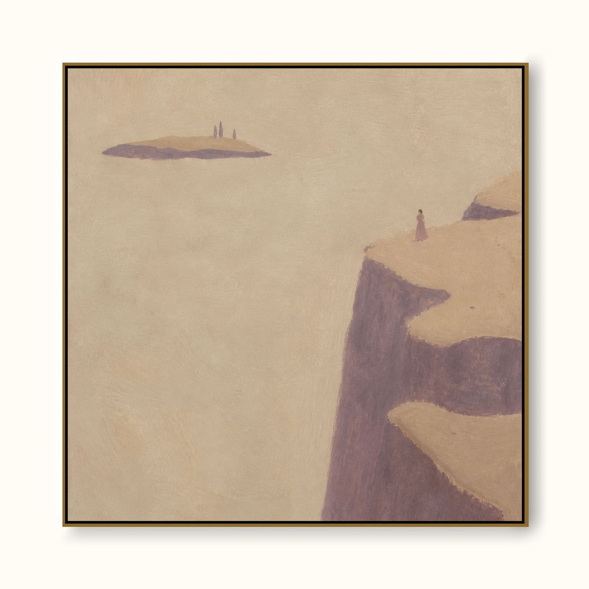Soft Mauve Cliffside Canvas Art With Lone Figure For Romantic Bedroom Decor