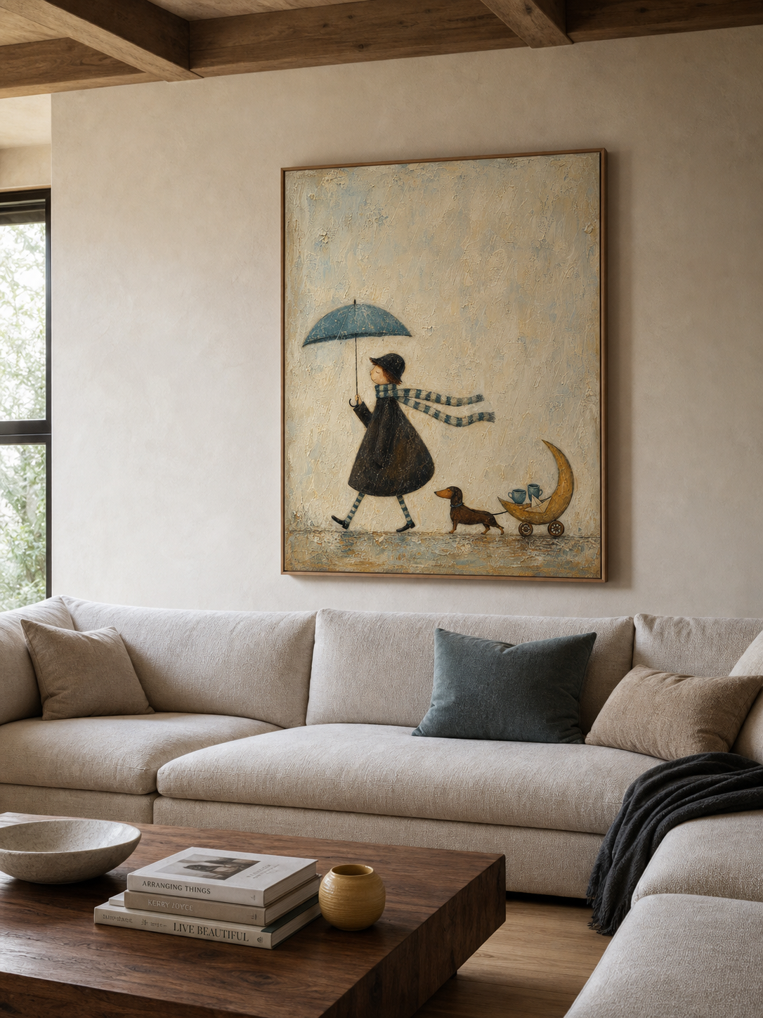 Whimsical Dachshund Canvas Art Moon Cart Tea Walk Neutral Cozy Wall Decor