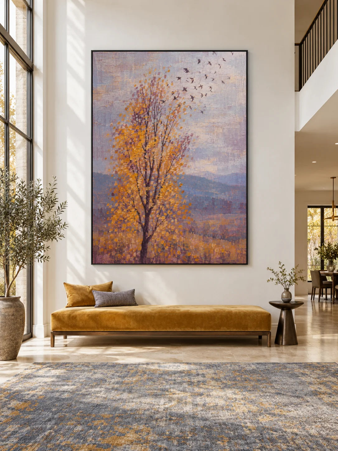 Hand-Painted Golden Tree And Birds Canvas Wall Art For Living Room
