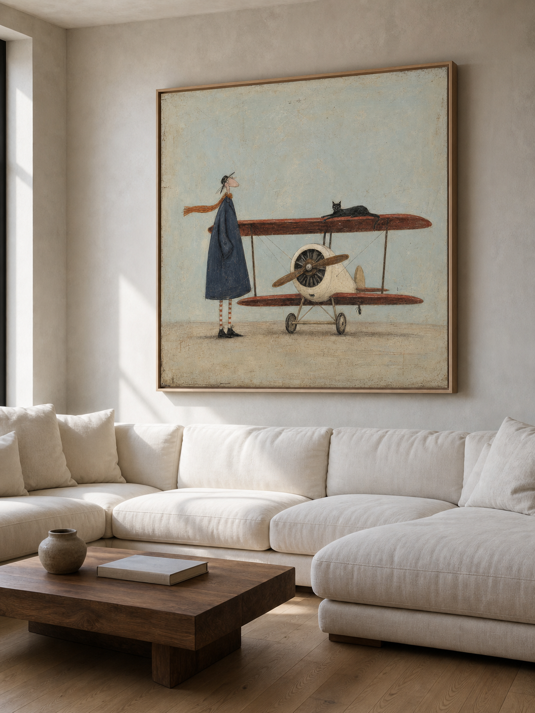 Vintage Airplane Art With Whimsical Figure In Square Canvas Framed For Modern Home Decor