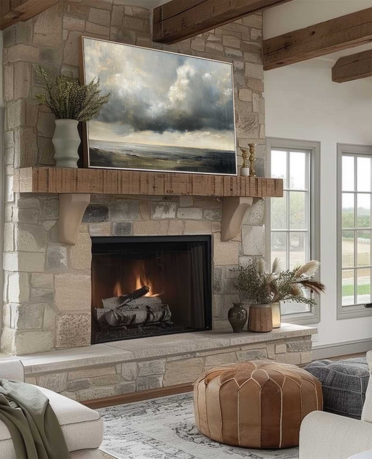 Vintage Cloud Painting Vintage Cloudy Sky Oil Painting Cloudy Sky Painting Large Vintage Cloud Wall Art