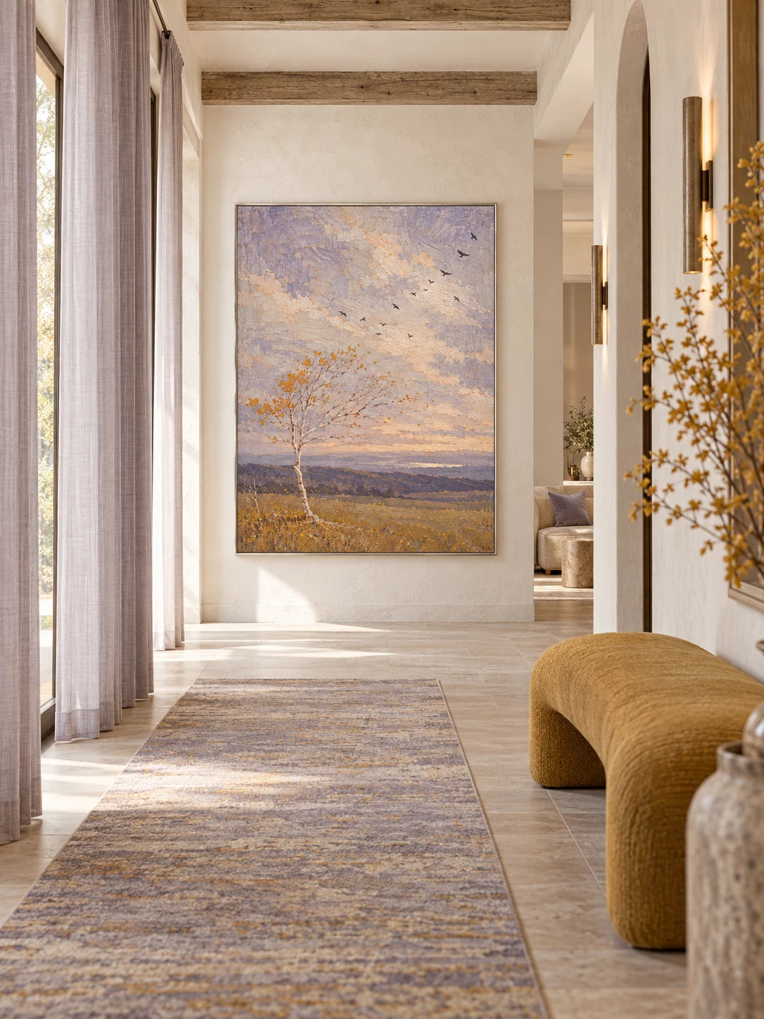 Large Hand Painted Autumn Birch And Birds Landscape Wall Art