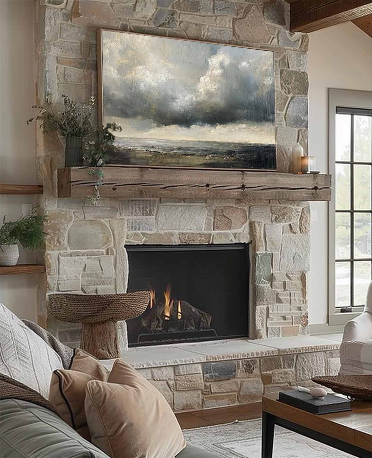 Vintage Cloud Painting Vintage Cloudy Sky Oil Painting Cloudy Sky Painting Large Vintage Cloud Wall Art