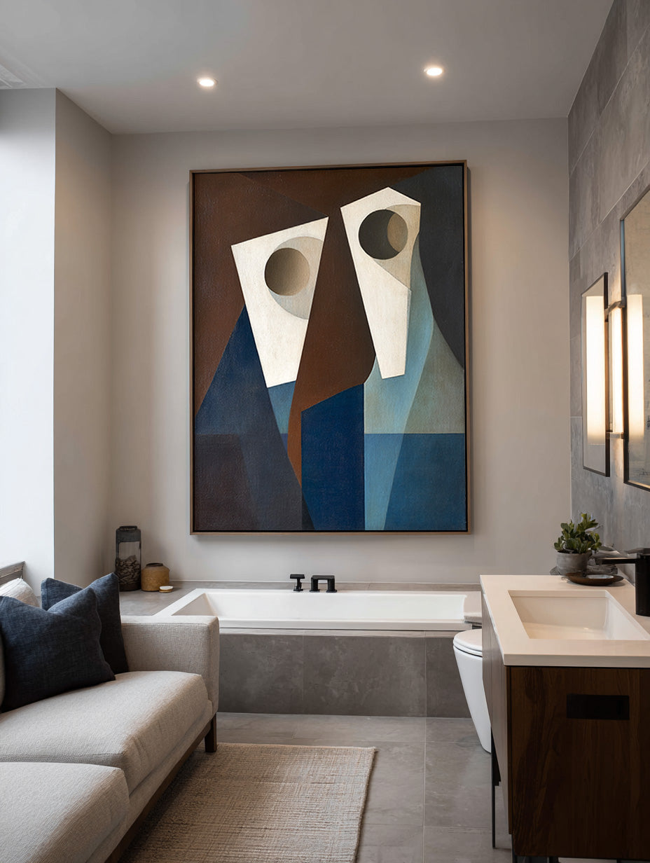 Original Abstract Geometric Human Faces Art Large Beige and Blue Geometric Abstract Faces Art Handmade Minimalist Canvas Wall Decor
