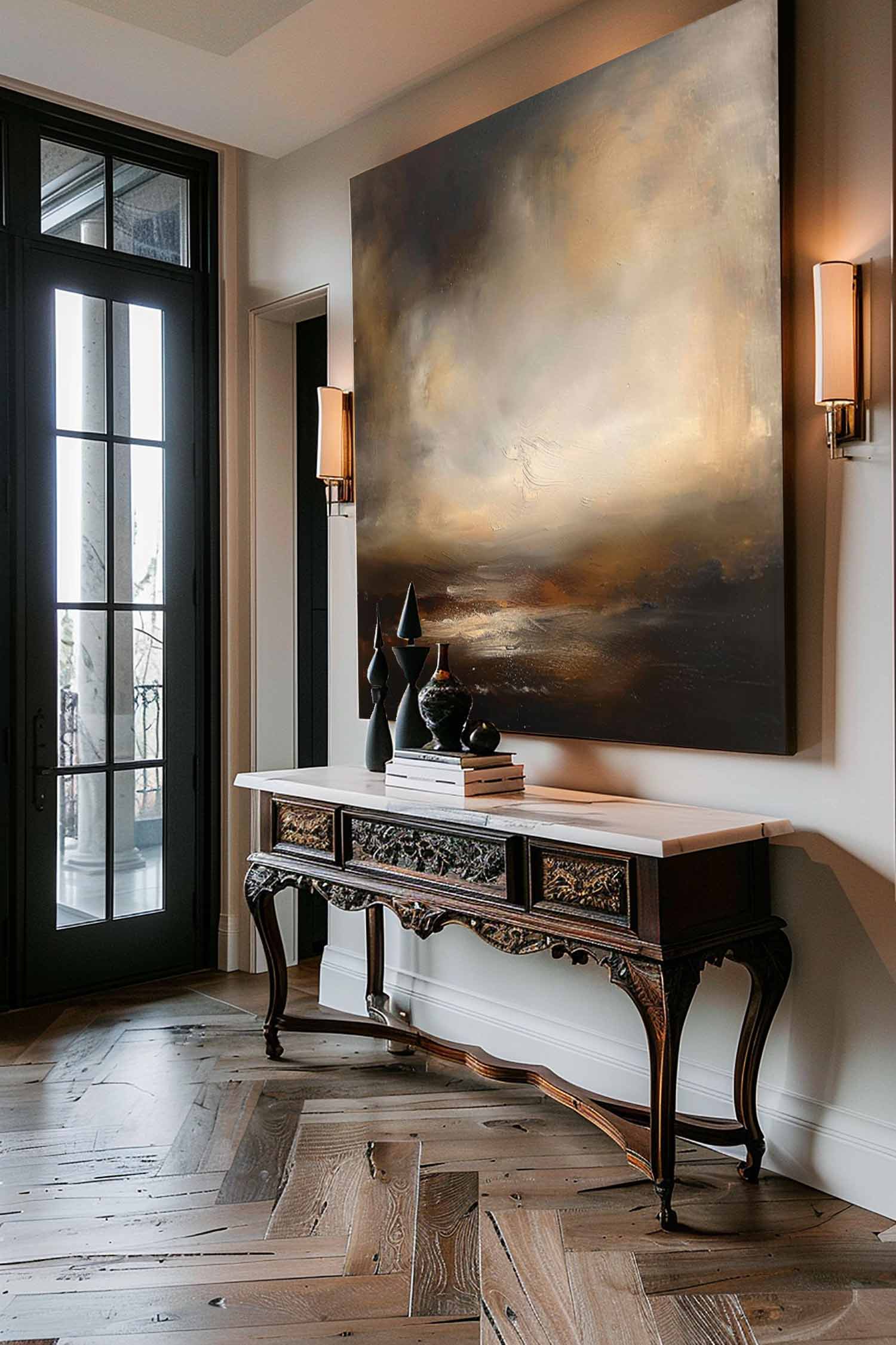 Vintage Abstract Landscape Wall Art Vintage Landscape Oil Painting Large Black Beige Canvas Art