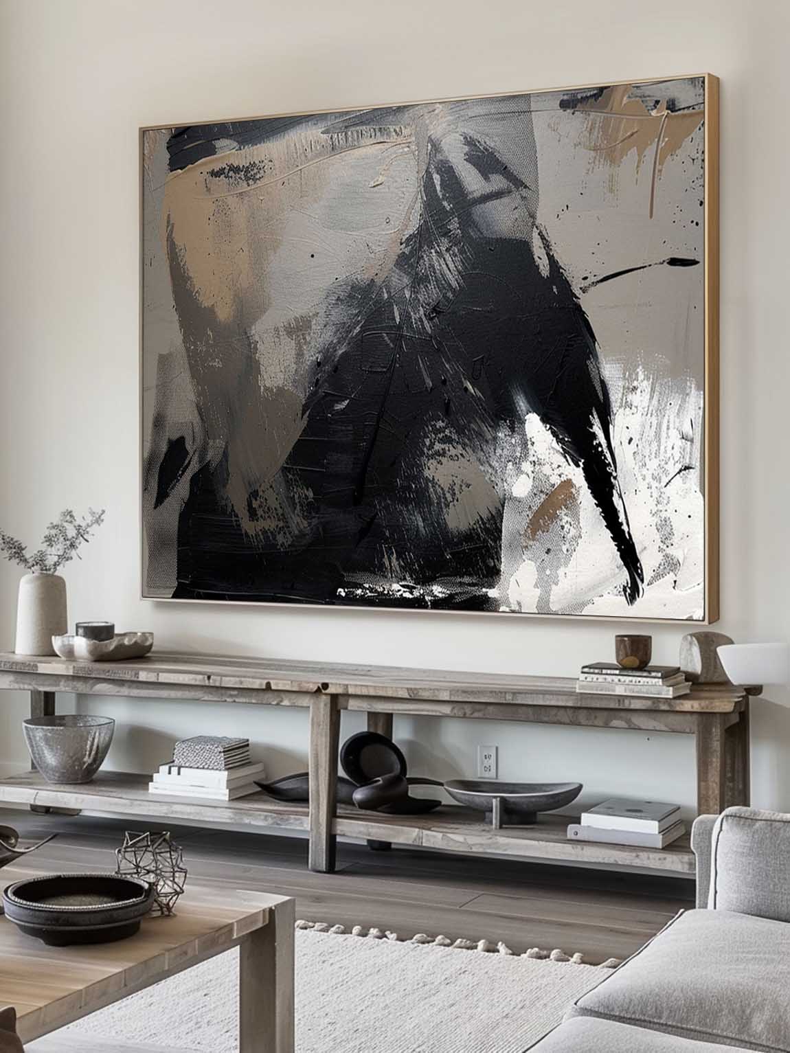 Vintage Black Textured Abstract Canvas Painting Original Black And White Textured Painting Large Black Abstract Wall Art