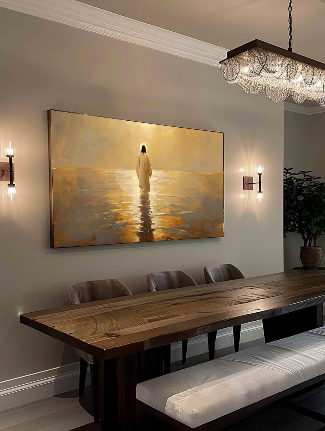Original Painting Of Jesus On Sea Large Abstract Jesus Walking On Beach Neutral Beige And Gold Jesus Oil Painting
