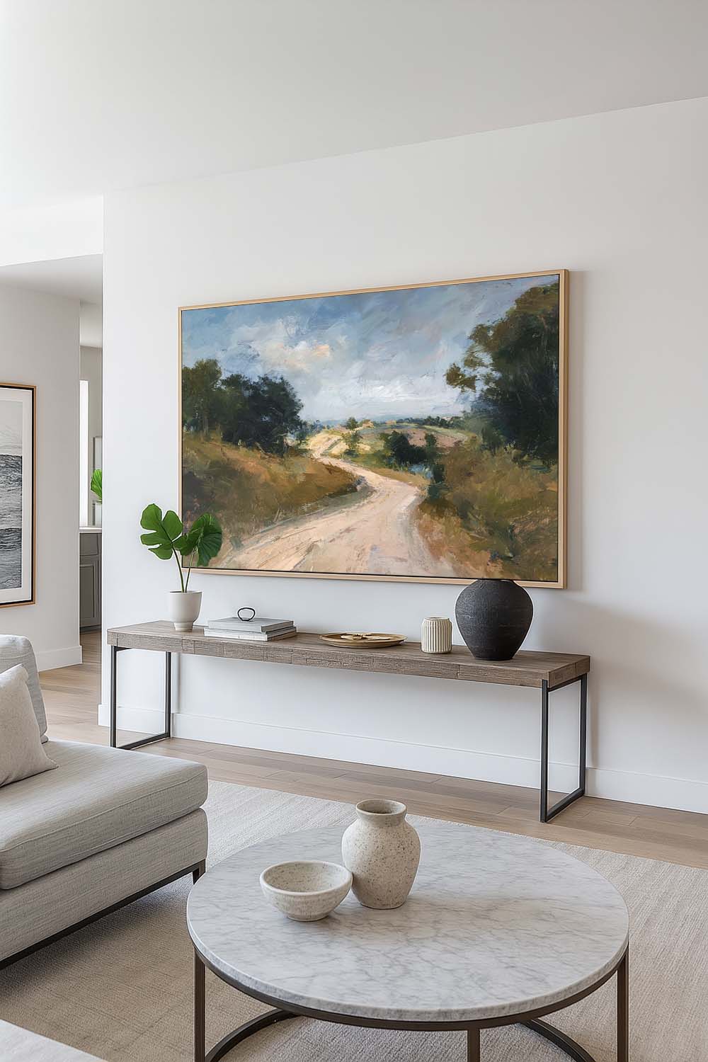 Minimalist Hand-Painted Rural Road Oil Painting Large Neutral Countryside Wall Art Large Country Landscape Wall Art