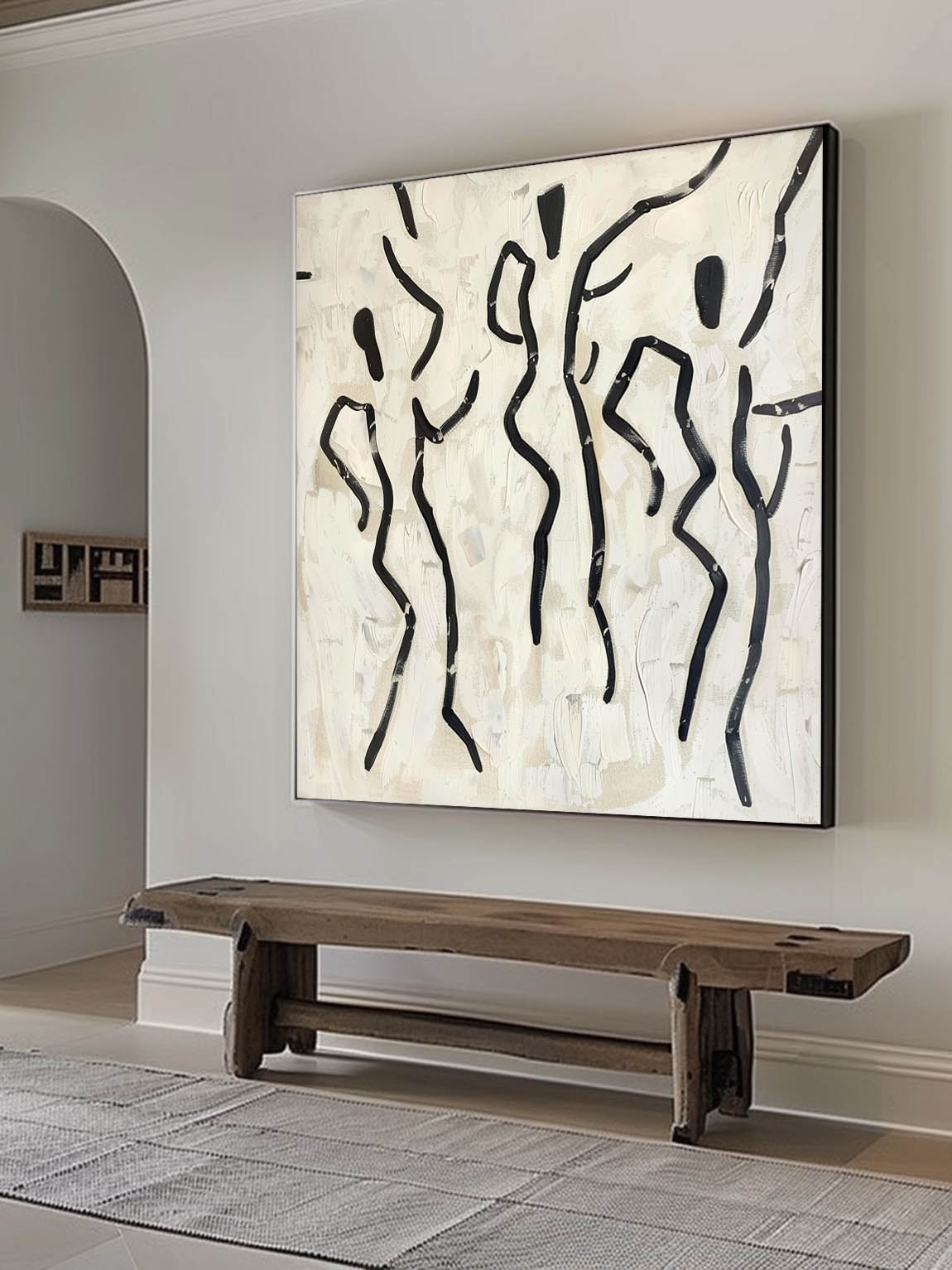 Vintage Black Figure Texture Oil Painting Handmade Black And Beige Figure Artwork Large Wabi Sabi Wall Art