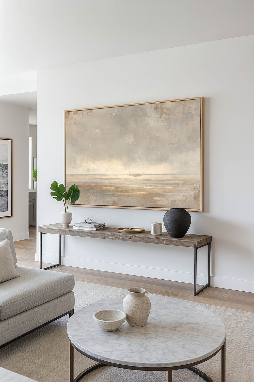 Large Wabi Sabi Ocean Wall Art Original Neutral Seascape Painting With Distant Boat Beige And Taupe Abstract Ocean Scene