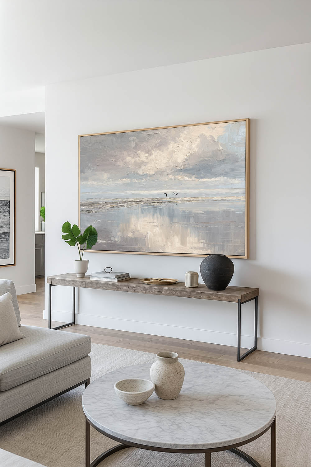 Minimalist Beige And Blue Ocean Wall Art Original Handmade Seascape Oil Painting Large Abstract Beige Ocean Wall Art