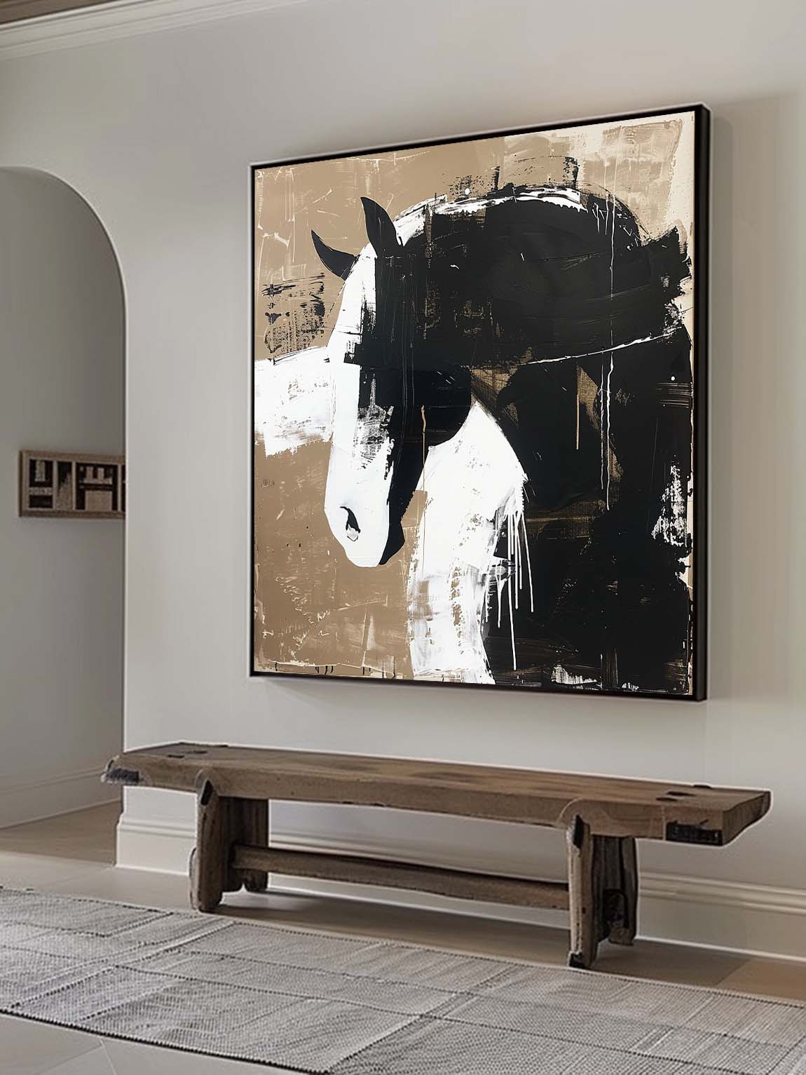 Original Vintage Black And White Horse Wall Art Retro Wabi Sabi Oil Painting Retro Neutral Decor
