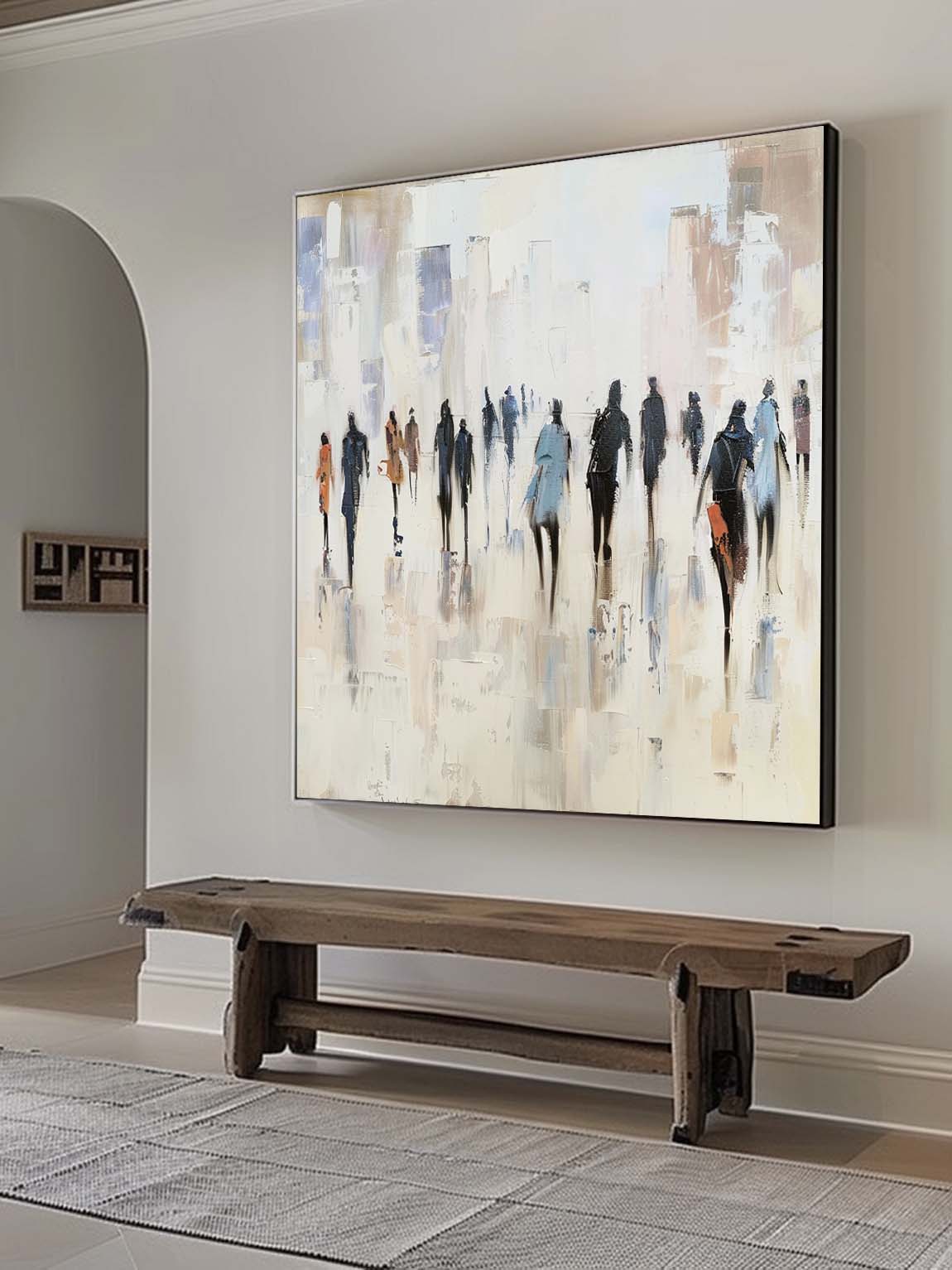 Vintage Black And Beige People Abstract Painting Large Minimalist Neutral Wall Art Original Wabi Sabi Canvas Artwork