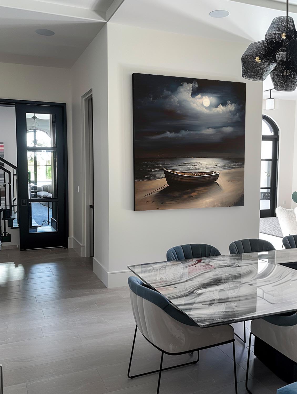 Moonlight Ocean Retro Painting Hand Drawn Night Ocean Wall Art Large Sea Moon Ship Oil Painting