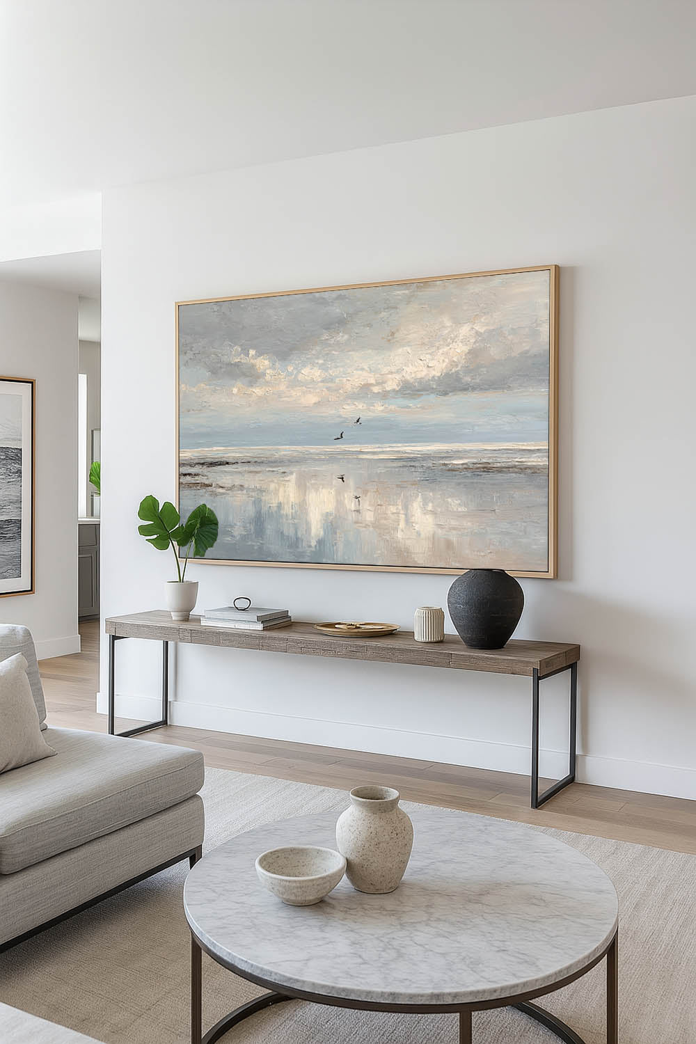 Original Beige And Blue Seascape Oil Painting Large Minimalist Seascape Wall Art Handmade Textured Blue Beach Painting