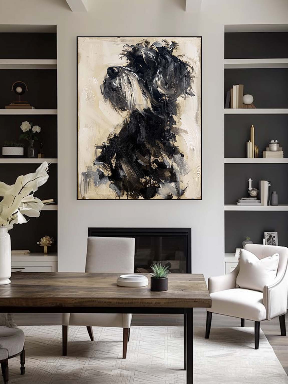 Vintage Minimalist Dog Portrait Painting Neutral Acrylic Oil Painting On Canvas Large Abstract Wall Art Decor