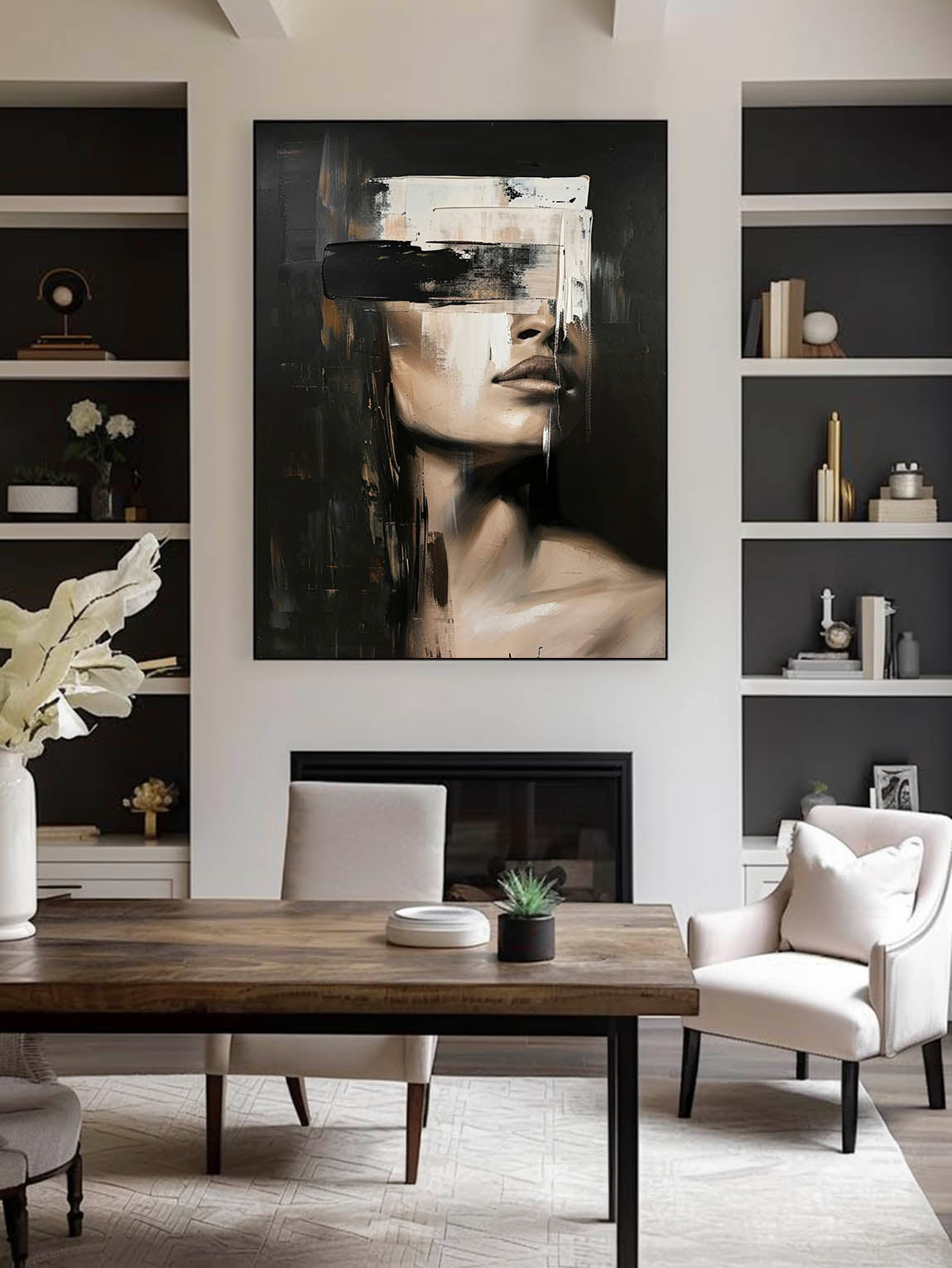Retro Neutral Female Portrait Oil Painting Vintage Textured Canvas Art Minimalist Female Portrait Decor