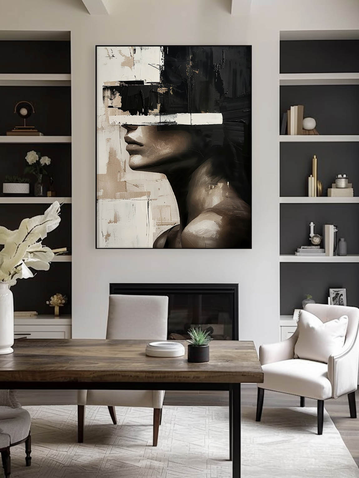Original Retro Black And Beige Female Portrait Textured Painting Vintage Black And Beige Abstract Canvas Art