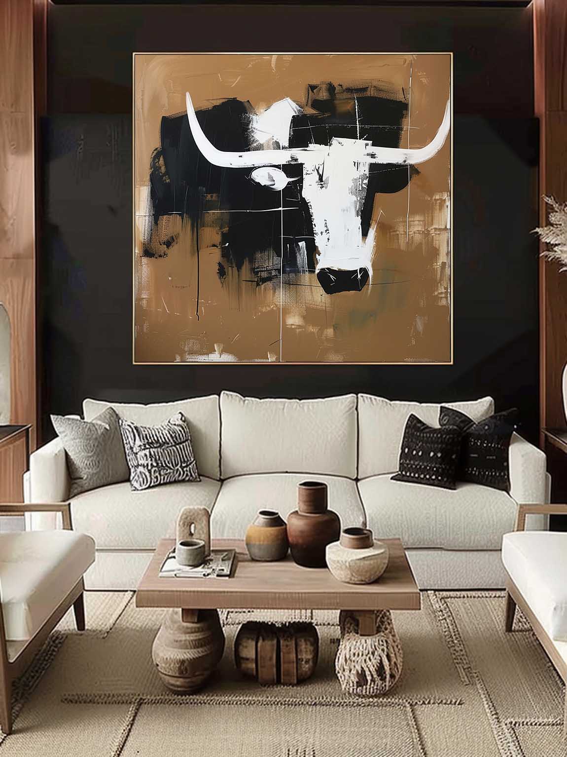Vintage Abstract Bull Art Retro Minimalist Black And White Canvas Large Abstract Retro Wall Art