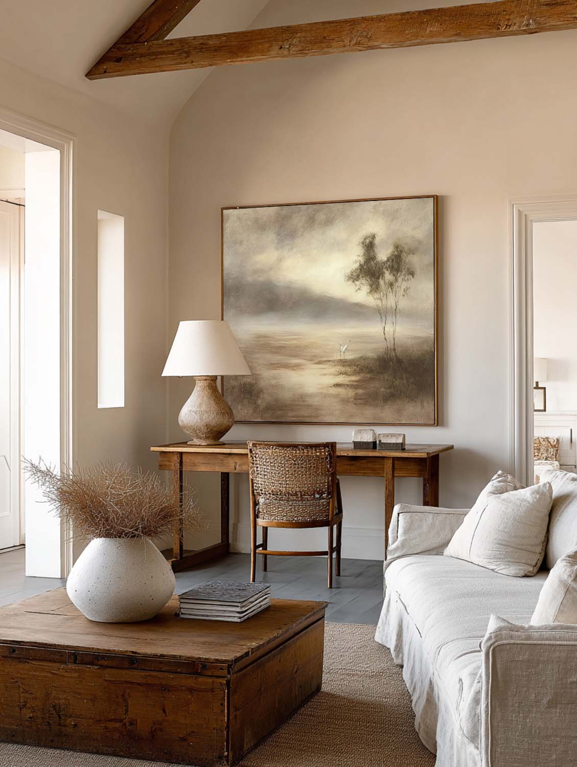Large Neutral Landscape Oil Painting With White Cranes Minimalist Beige And Brown Canvas Wall Art Modern Neutral Landscape Canvas Wall Art