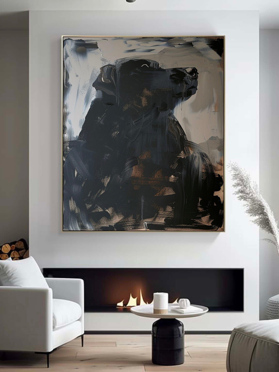 Vintage Black Dog Oil Painting on Canvas Large Abstract Black Dog Canvas Art Vintage Black Dog Acrylic Painting