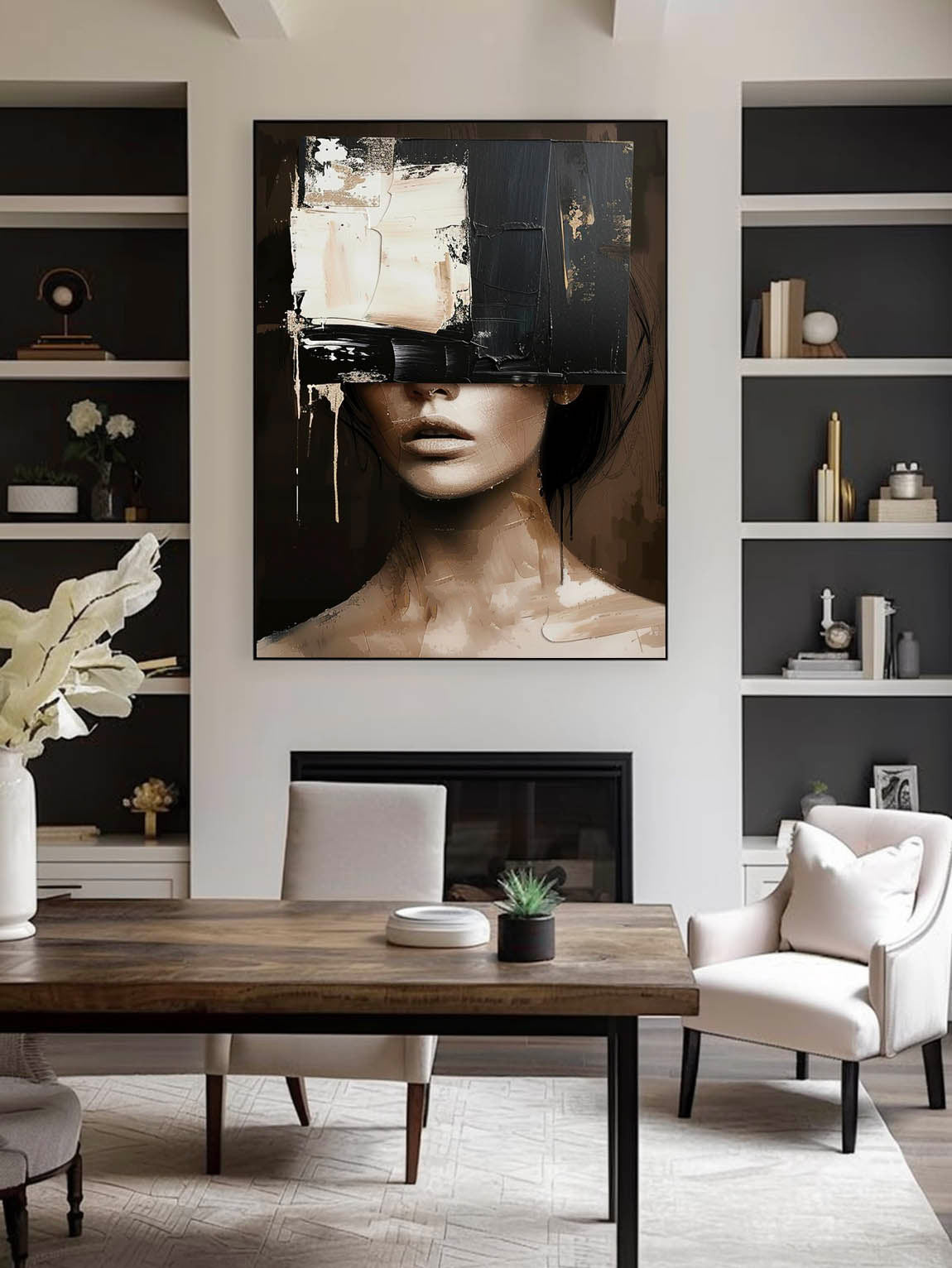 Vintage Black Beige Female Portrait Retro Neutral Female Portrait On Canvas Large Abstract Female Portrait Canvas Art