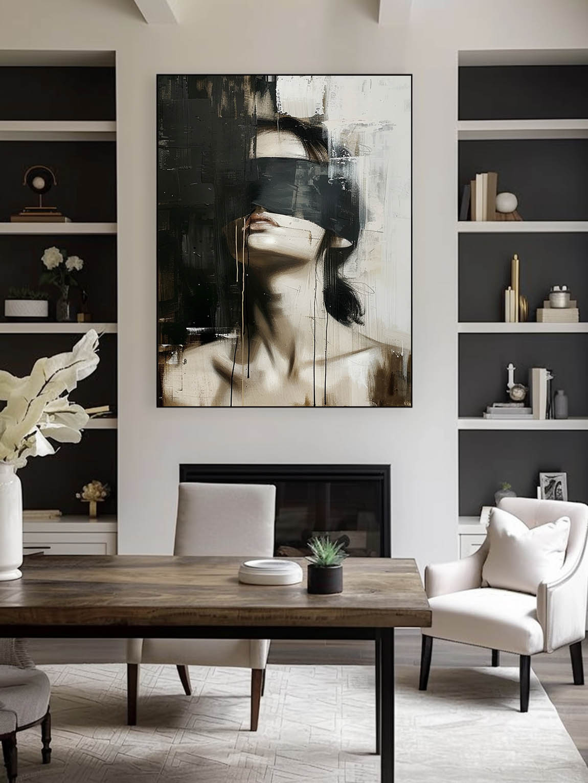 Large Faceless Portrait Wall Art Vintage Woman Portrait Oil Painting Large Black And Beige Abstract Painting