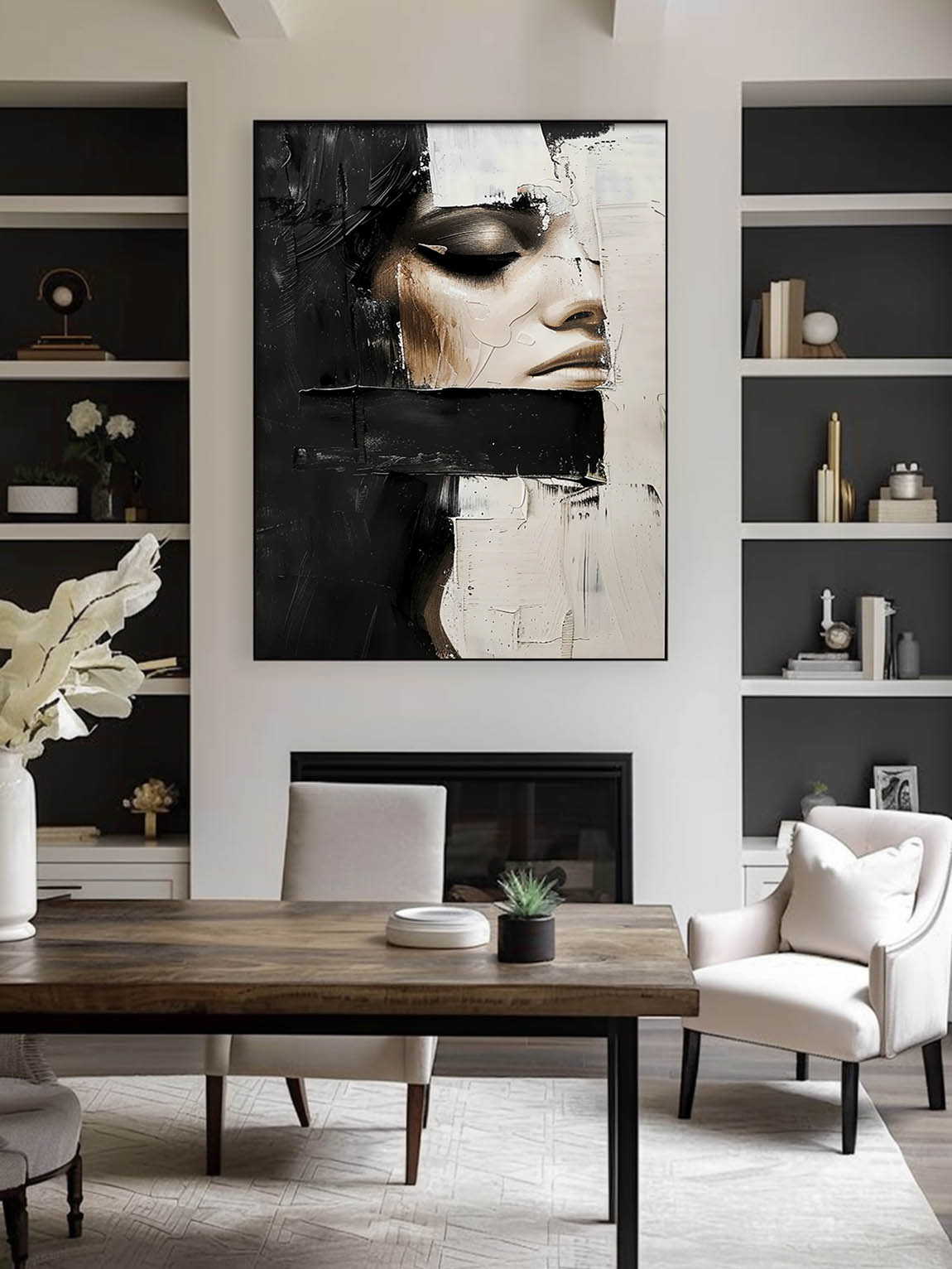 Vintage Abstract Lady Painting Black And Beige Woman Painting Decor Original Woman Face Canvas Art Faceless Painting Art