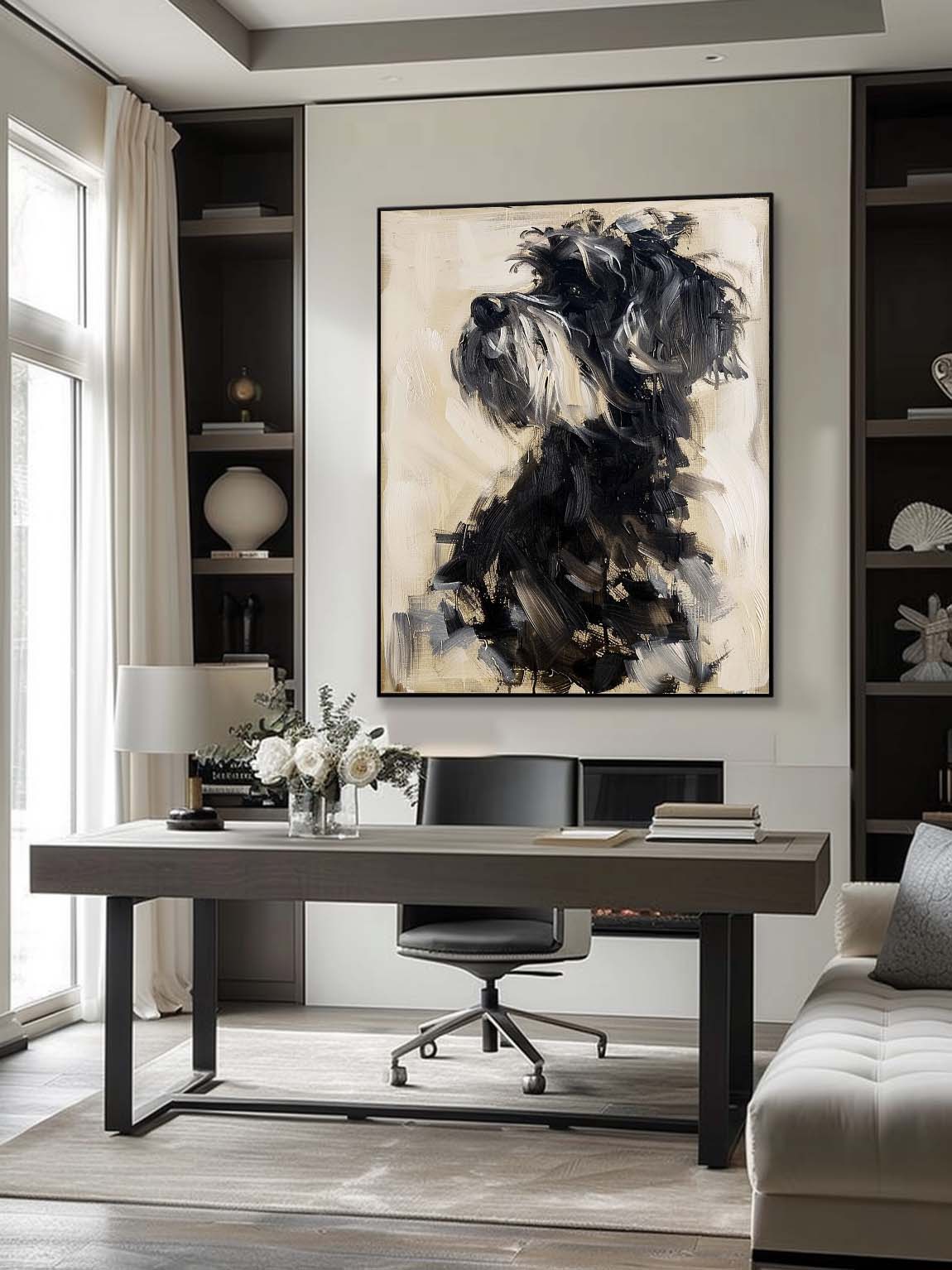 Vintage Minimalist Dog Portrait Painting Neutral Acrylic Oil Painting On Canvas Large Abstract Wall Art Decor