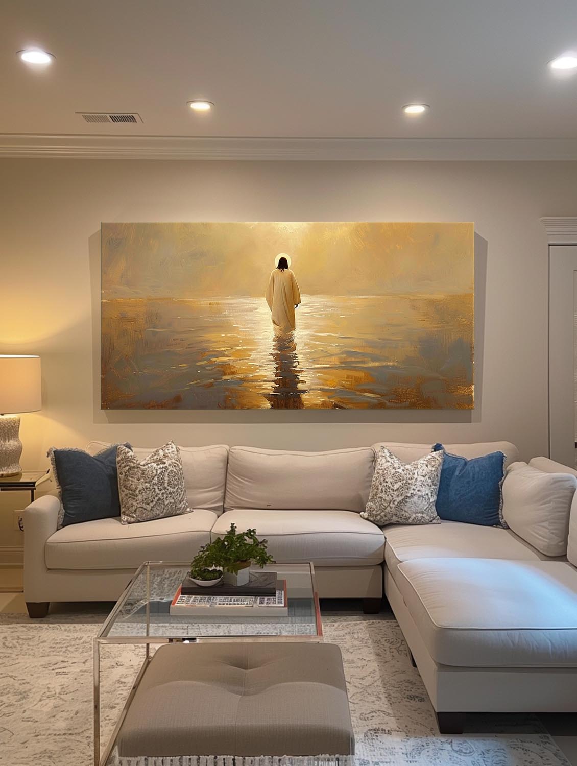 Original Painting Of Jesus On Sea Large Abstract Jesus Walking On Beach Neutral Beige And Gold Jesus Oil Painting