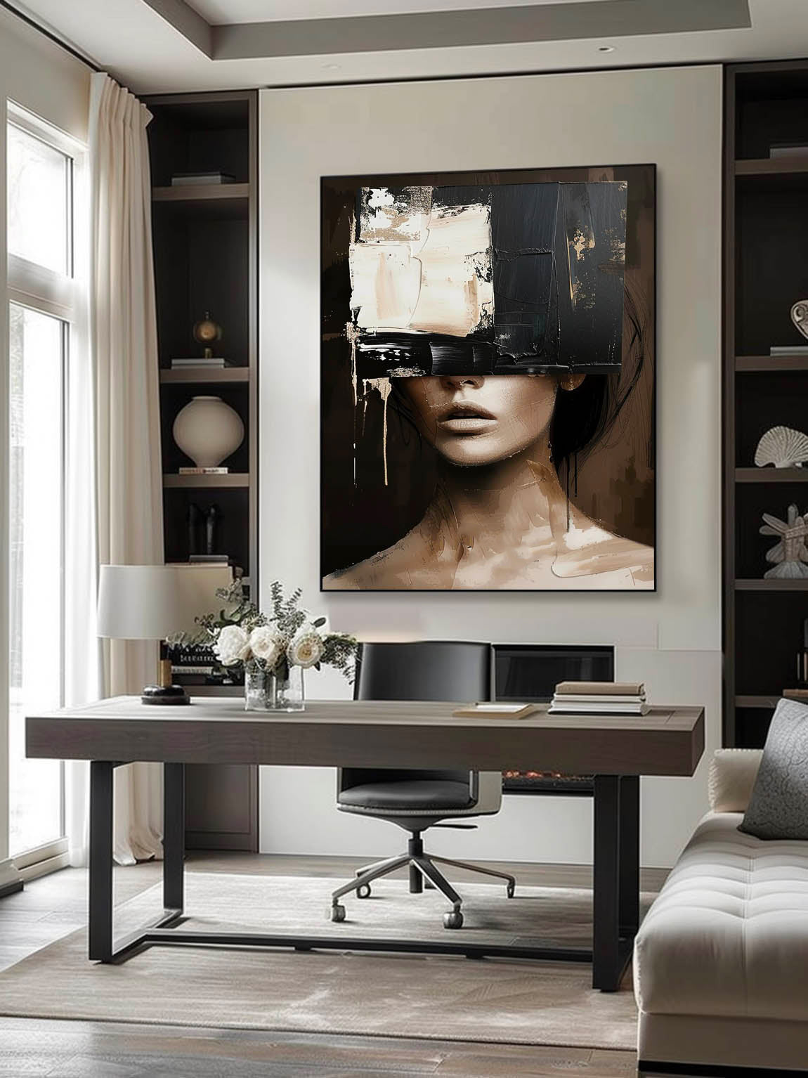 Vintage Black Beige Female Portrait Retro Neutral Female Portrait On Canvas Large Abstract Female Portrait Canvas Art