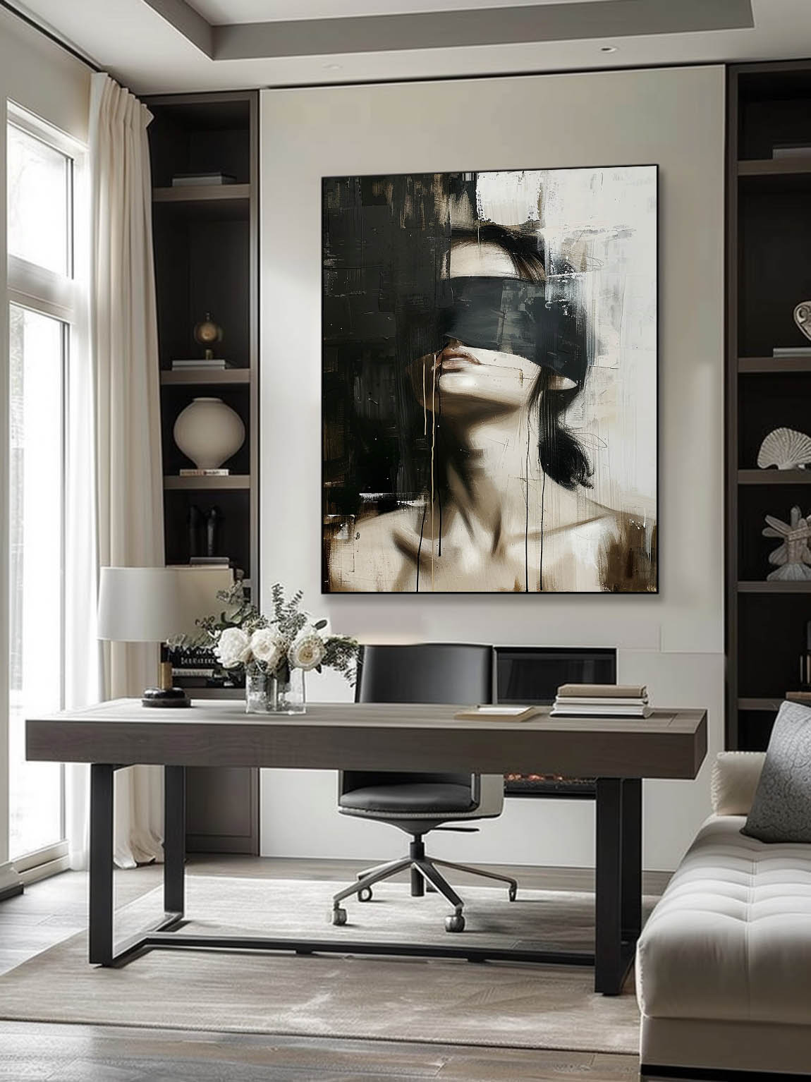 Large Faceless Portrait Wall Art Vintage Woman Portrait Oil Painting Large Black And Beige Abstract Painting
