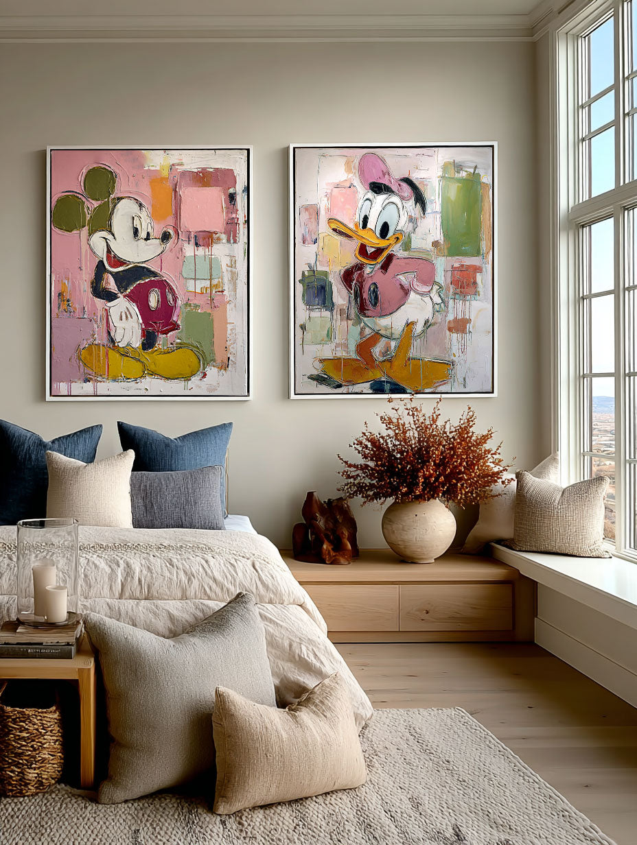Modern Set Of 2 Multicolor Cartoon Abstract Oil Painting Minimalist Set Of 2 Cartoon Abstract Painting Colorful Mickey And Donald Painting