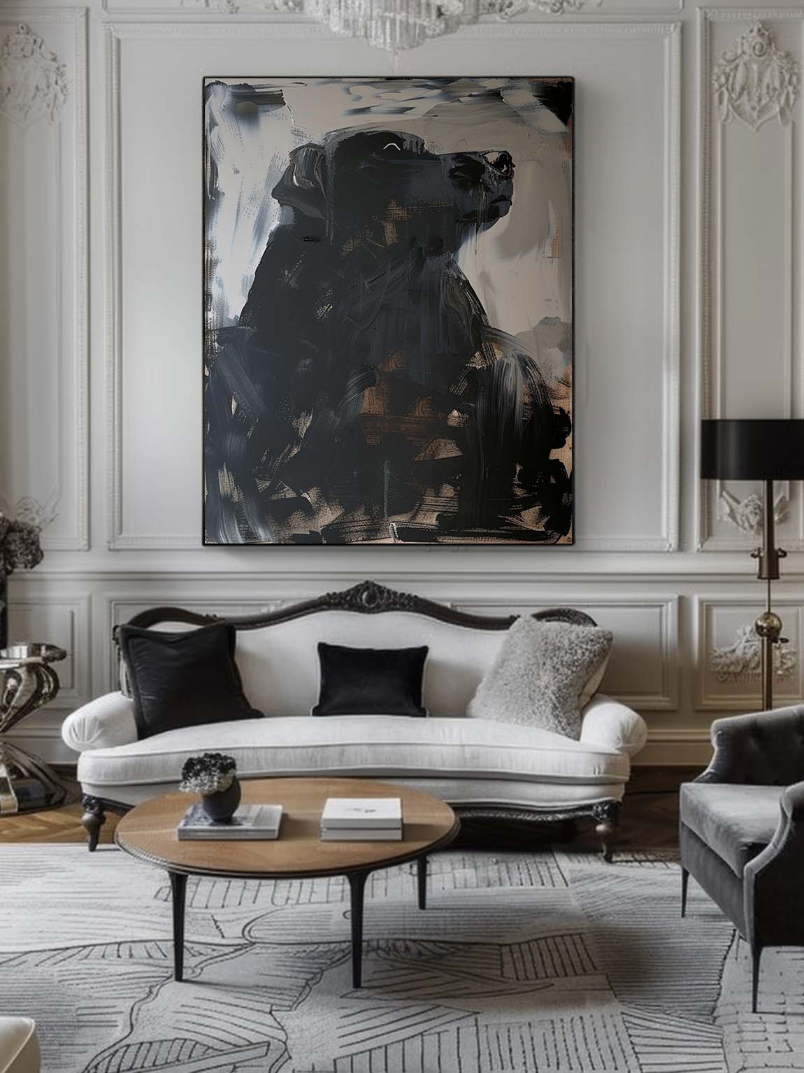 Vintage Black Dog Oil Painting on Canvas Large Abstract Black Dog Canvas Art Vintage Black Dog Acrylic Painting