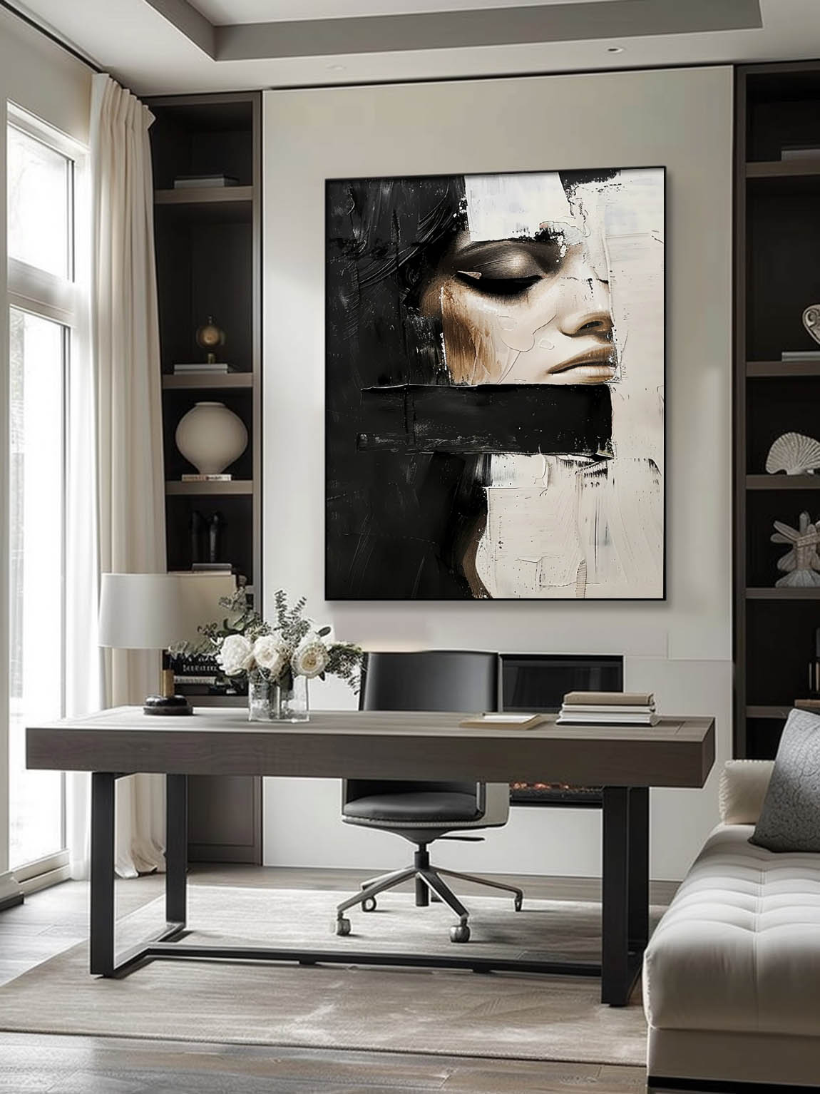 Vintage Abstract Lady Painting Black And Beige Woman Painting Decor Original Woman Face Canvas Art Faceless Painting Art