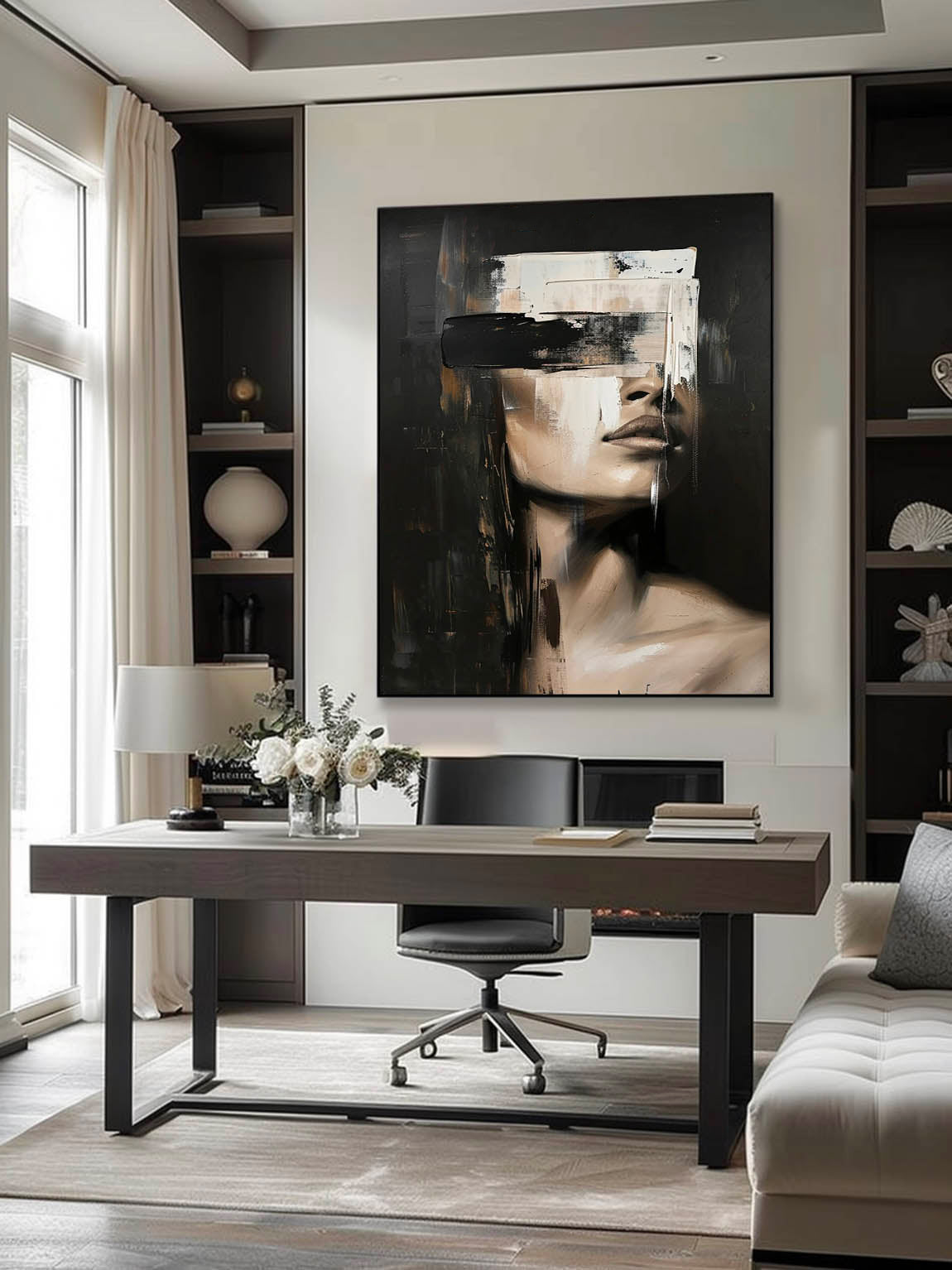 Retro Neutral Female Portrait Oil Painting Vintage Textured Canvas Art Minimalist Female Portrait Decor