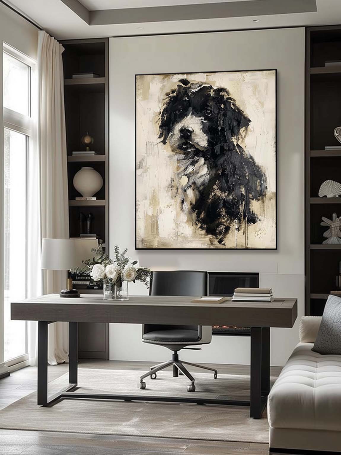Retro Abstract Dog Painting Minimalist Dog Canvas Art Retro Neutral Abstract Oil Painting Neutral Tones Oil Painting