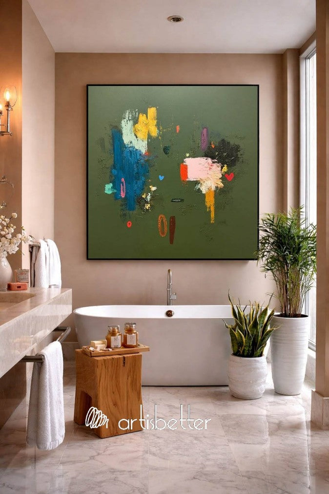 Original Handmade Colorful Oil Painting On Green Canvas Large Square Abstract Canvas Wall Art