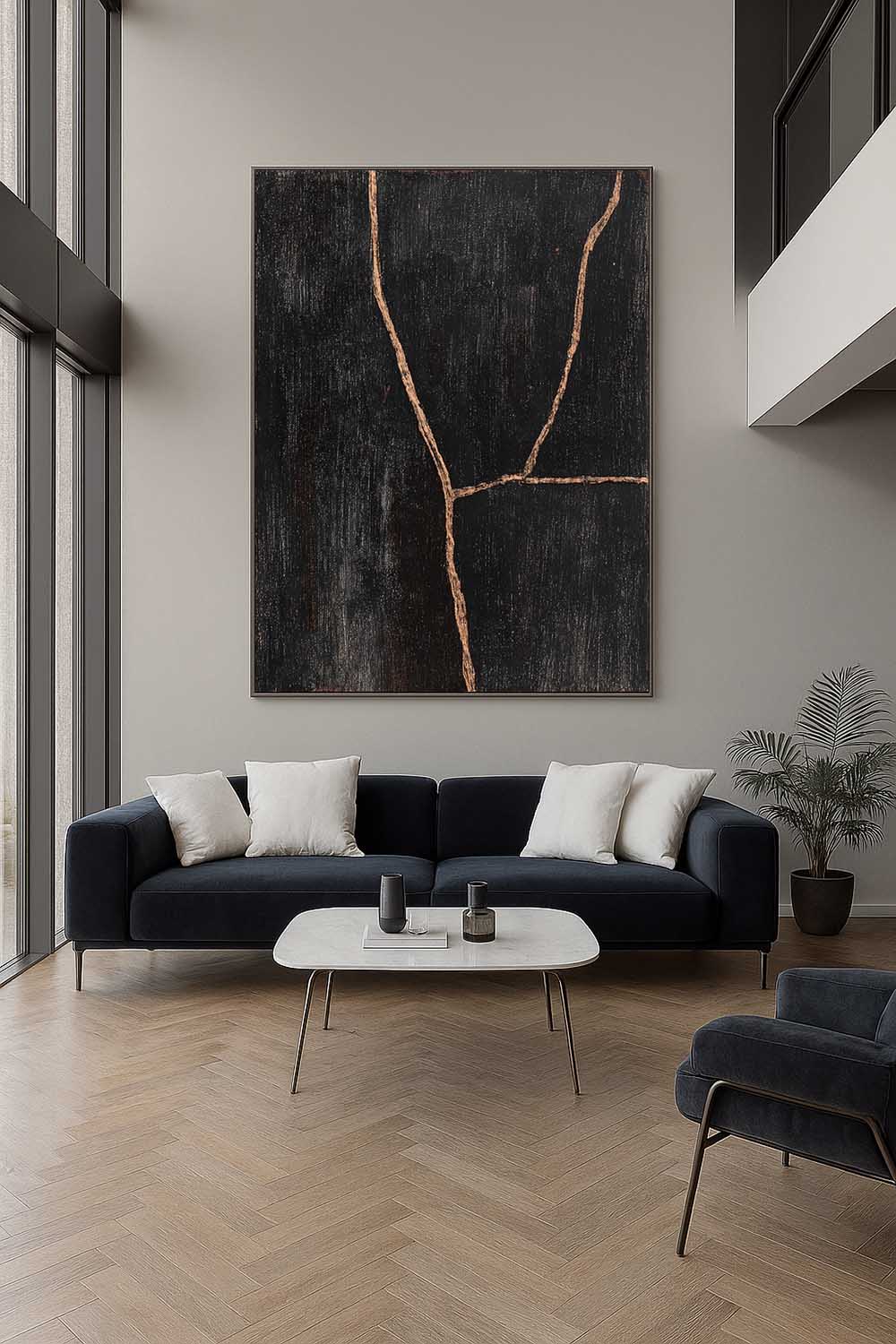 Handmade Black Line Abstract Painting Modern Black Abstract Canvas Painting Contemporary Black Line Oil Painting