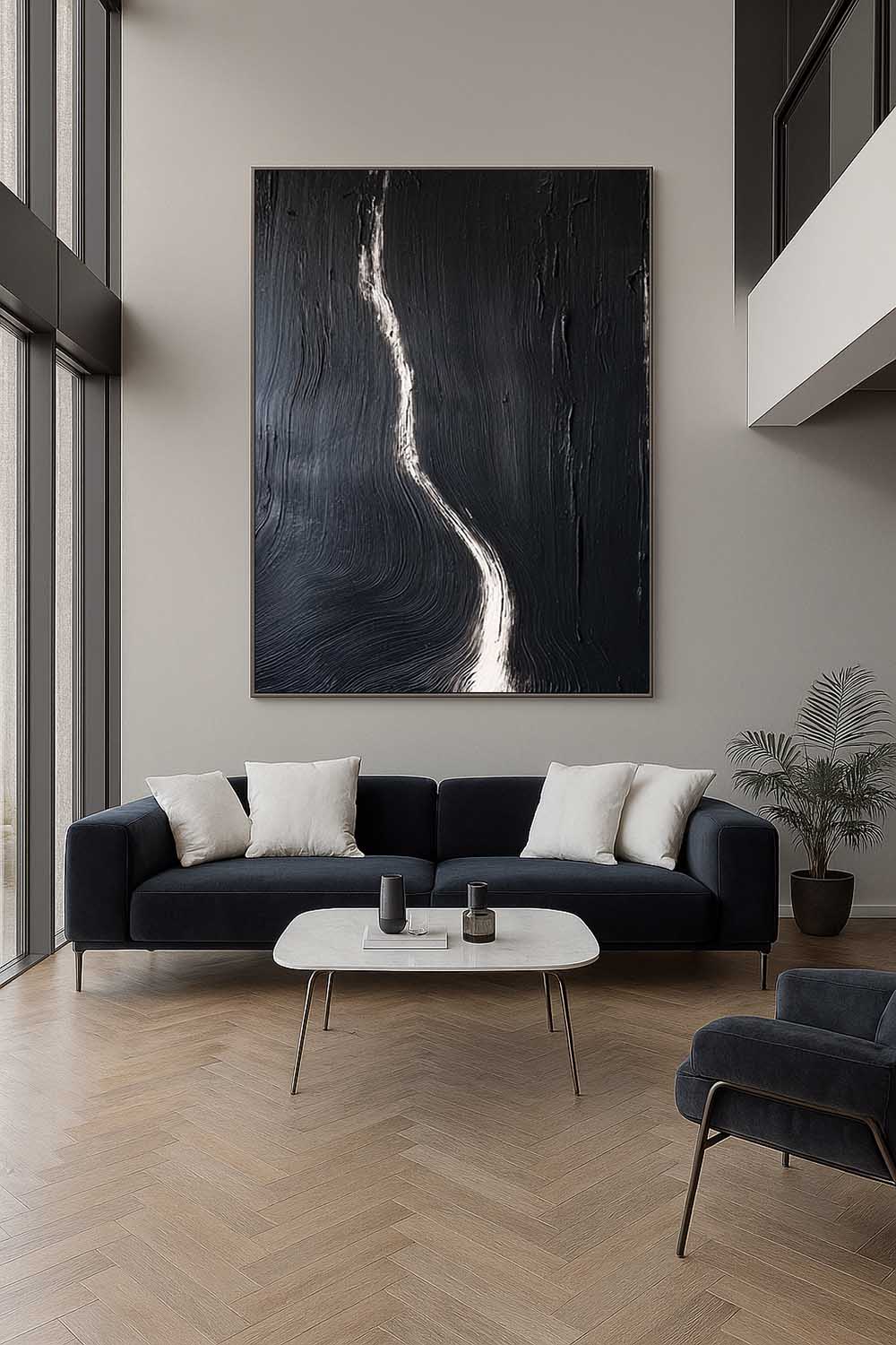 Modern Minimalist Black Oil Painting Contemporary Black Abstract Line Painting Large Black Abstract Texture Wall Art