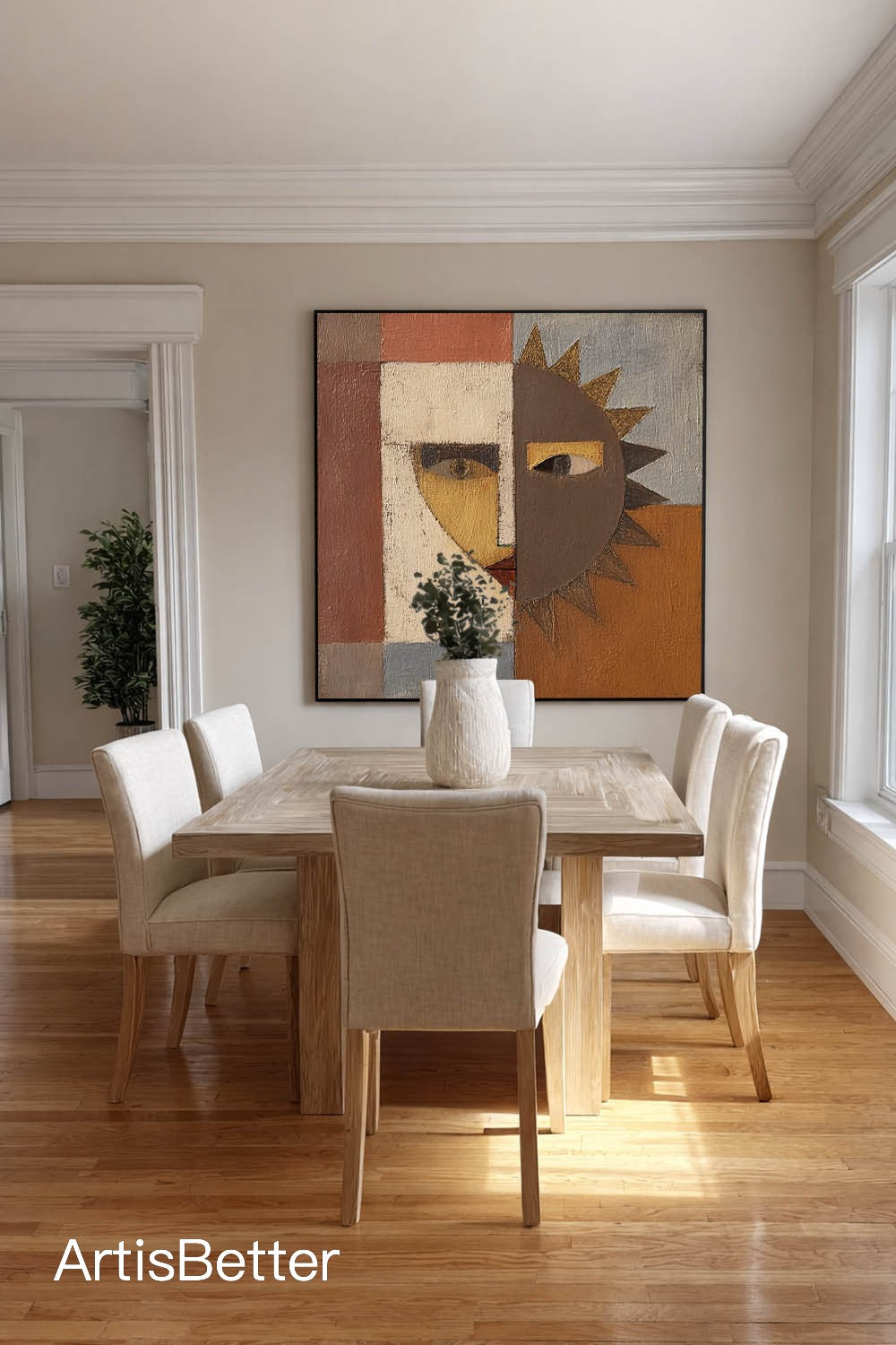 Large Abstract Sun Facial Art Handmade Colorful Geometry Oil Painting Original Earth Tone Geometric Abstract Painting